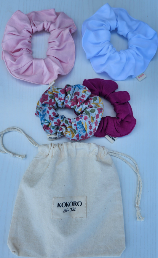 Set of 4 Scrunchies + Fabric Pouch