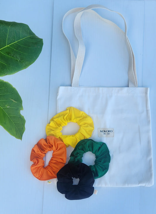 Set de Scrunchies 4 + Tote Bag – ¡Estilo y comodidad en uno!